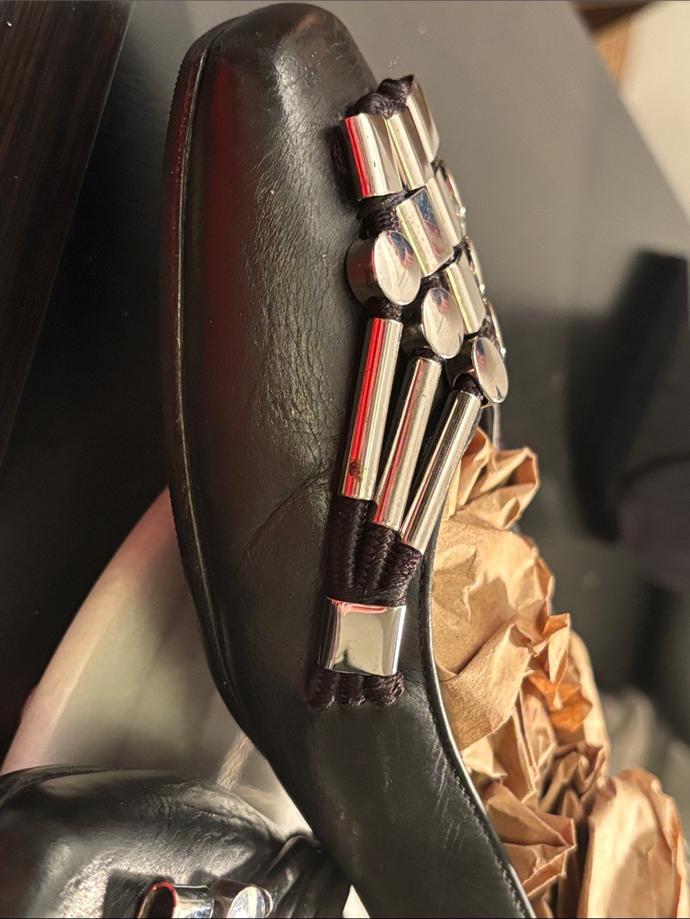 Gucci Black Leather Flats with Silver-Tone Stud Embellishments - Picture 7 of 13
